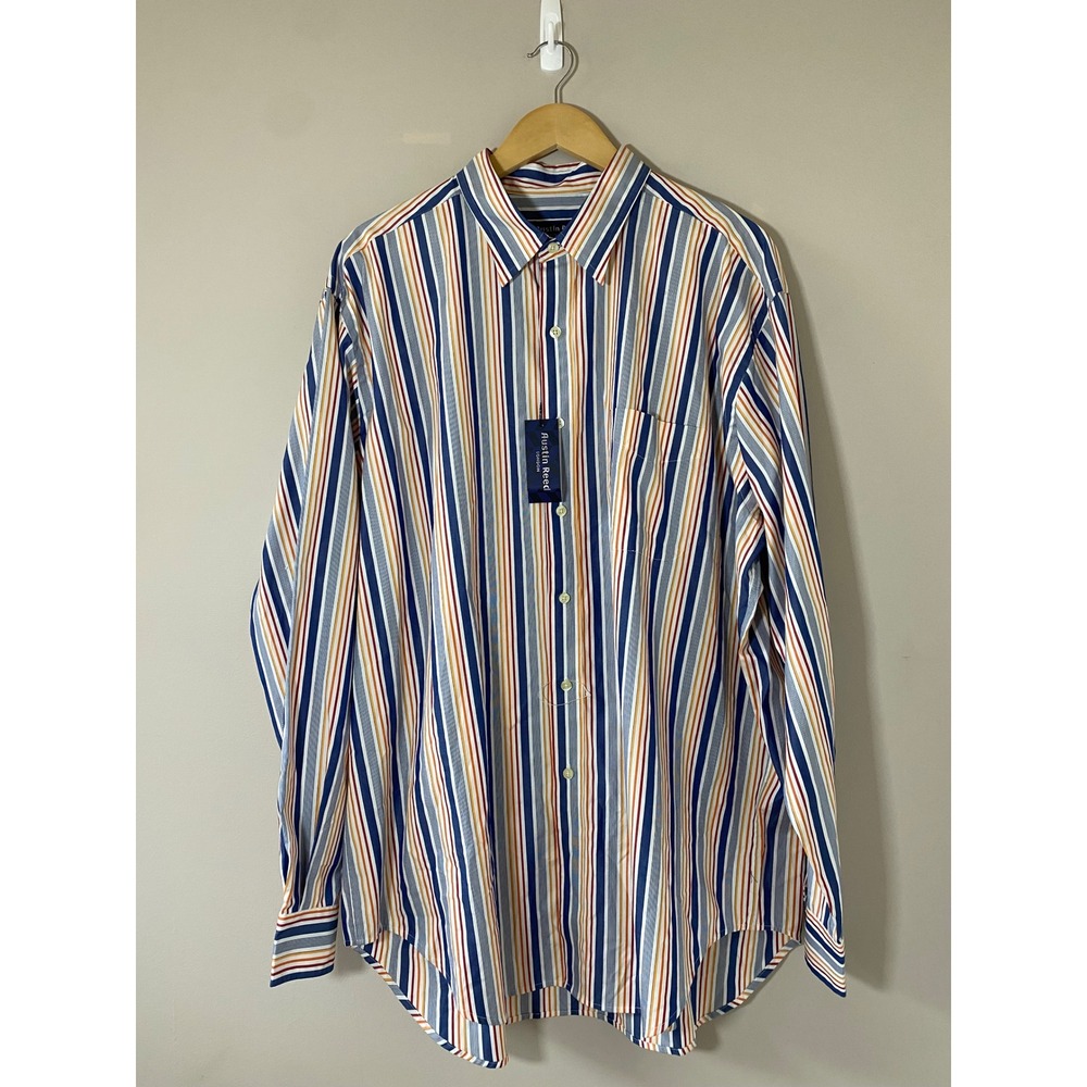 Austin Reed London Mens XL Striped Button Down Shirt Multi Color Blue Orange New